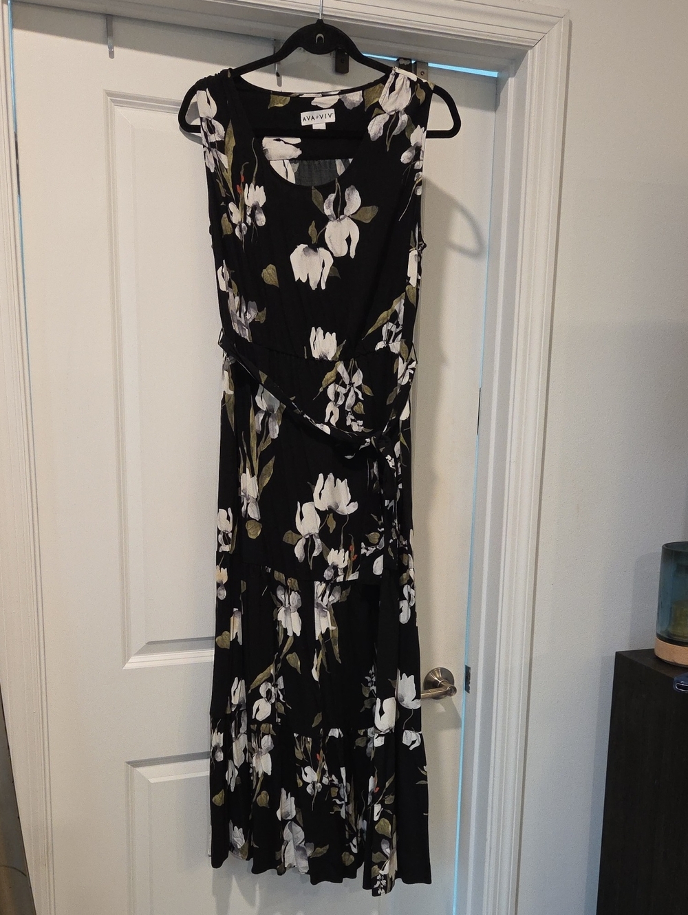 Ava & Viv Black Floral Tie-Waist Maxi Dress Size X! With Belt And Pockets!